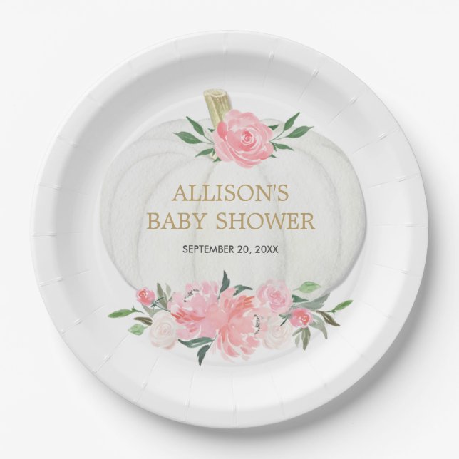 Blush pink floral greenery white pumpkins paper plate (Front)