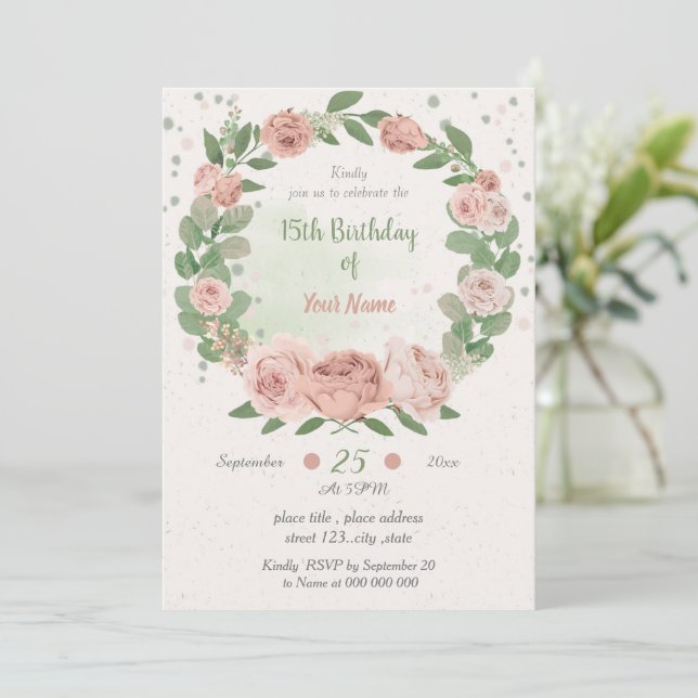 blush pink floral greenery wreath birthday invitation (Standing Front)