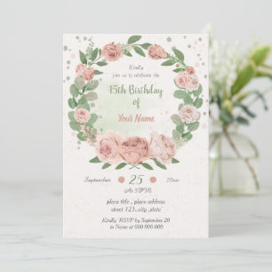 blush pink floral greenery wreath birthday invitation