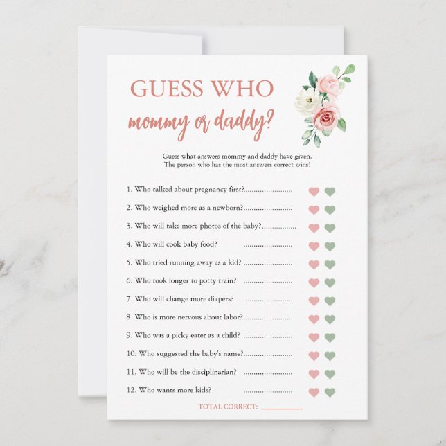 Blush Pink Floral Guess Who Baby Shower Game Card (Front)