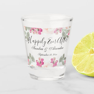 Blush Pink Floral Happily Ever After Wedding Shot Glass