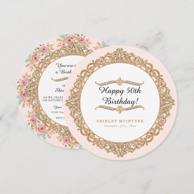 Blush Pink Floral Happy 50th Birthday Gold Jewel Invitation (Front/Back)