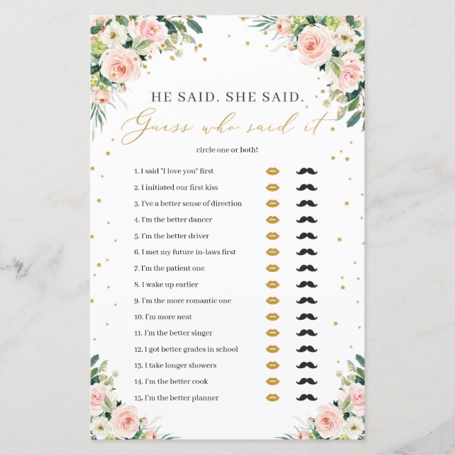 Blush pink floral he said she said bridal game (Front)