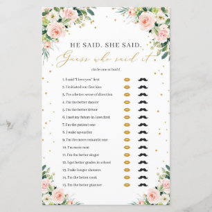 Blush pink floral he said she said bridal game