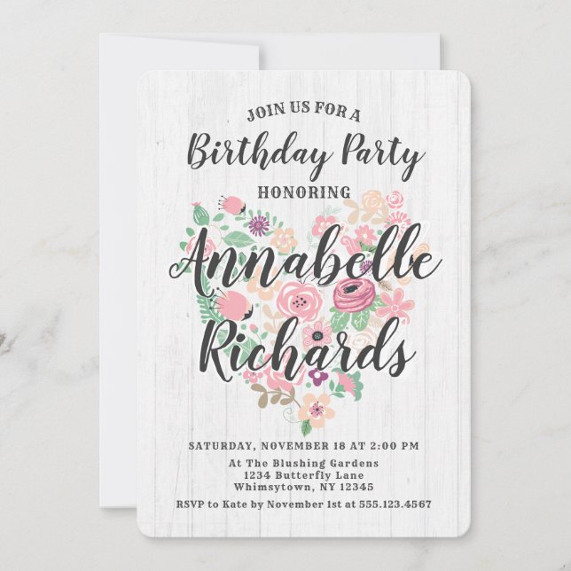 Blush Pink Floral Heart Birthday Party Invitation (Front)