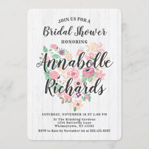 Blush Pink Floral Heart Bridal Shower Invitation