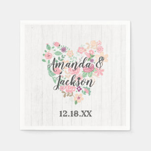 Blush Pink Floral Heart Modern Wedding Monogram Napkin