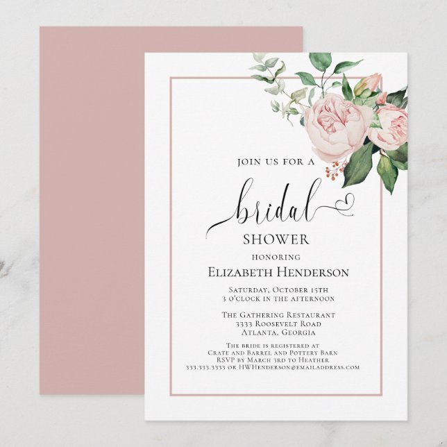 Blush Pink Floral Heart Script Bridal Shower Invitation (Front/Back)