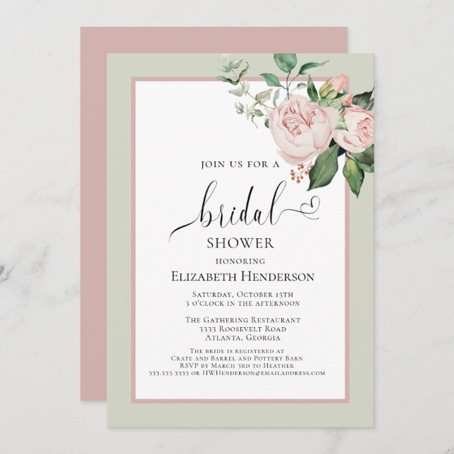 Blush Pink Floral Heart Script Bridal Shower Invitation (Front/Back)