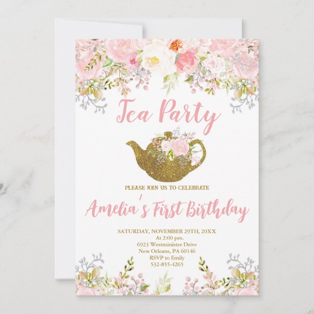 Blush Pink Floral, High Tea First Birthday Invitation (Front)