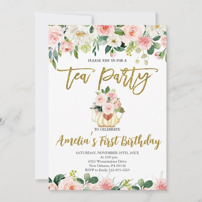 Blush Pink Floral, High Tea First Birthday Invitation (Front)