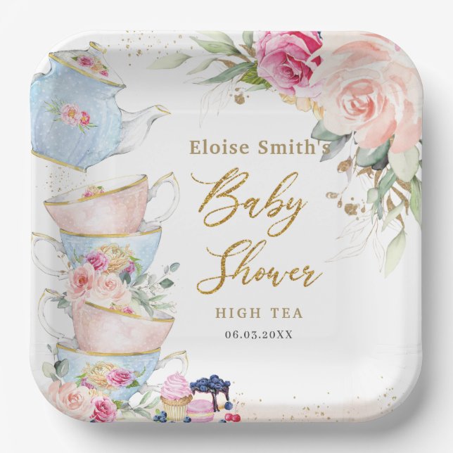 Blush Pink Floral High Tea Party Baby Shower  Paper Plate (Front)