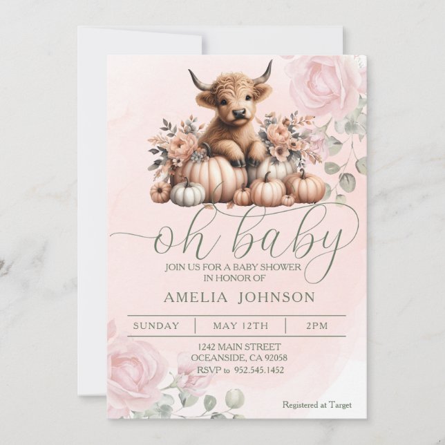 Blush Pink Floral Highland Cow Invitation (Front)