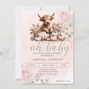 Blush Pink Floral Highland Cow Invitation