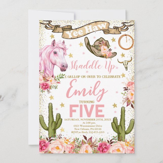 Blush Pink Floral & Horse Birthday Party Invitation (Front)