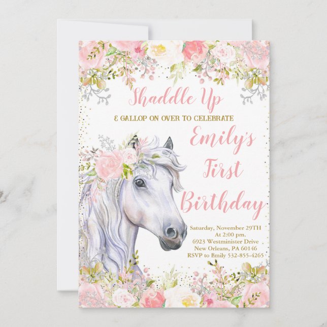 Blush Pink Floral & Horse First Birthday Party Invitation (Front)