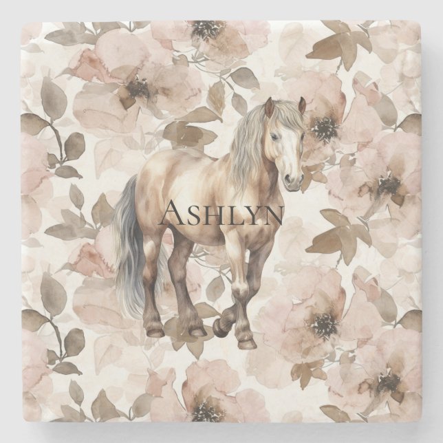 Blush Pink Floral Horse Stone Coaster (Front)