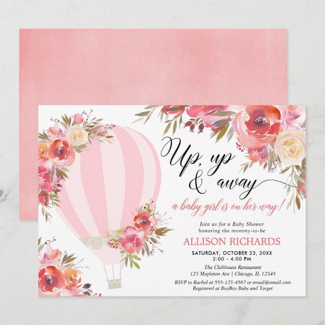 Blush pink floral hot air balloon girl baby shower invitation (Front/Back)