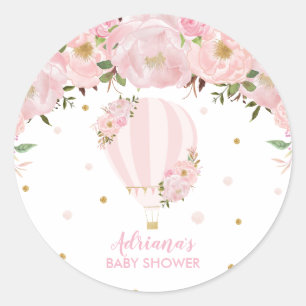 Blush Pink Floral Hot Air Balloon Thank You Favour Classic Round Sticker