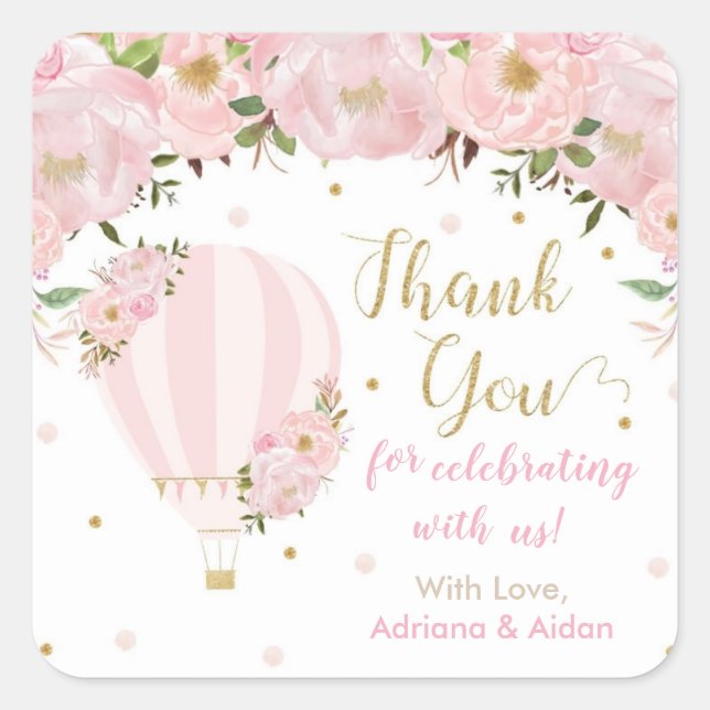 Blush Pink Floral Hot Air Balloon Thank You Favour Square Sticker (Front)