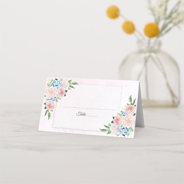Blush Pink Floral Hydrangea Watercolor Wedding Place Card (Front)