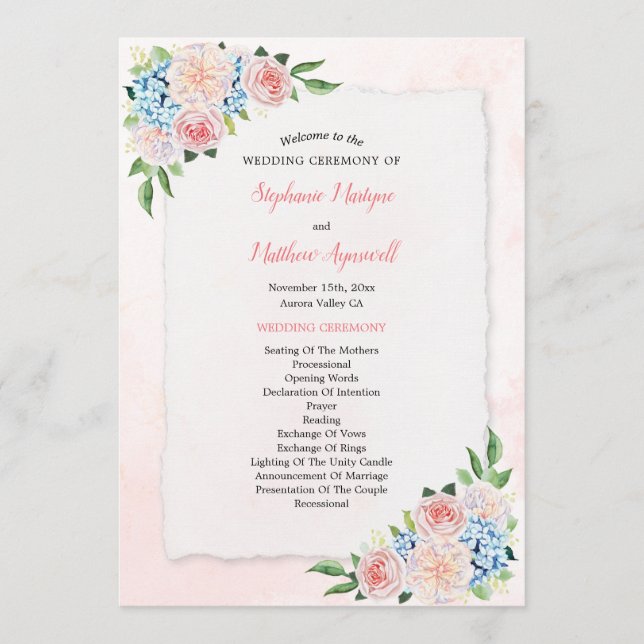 Blush Pink Floral Hydrangea Watercolor Wedding Programme (Front)