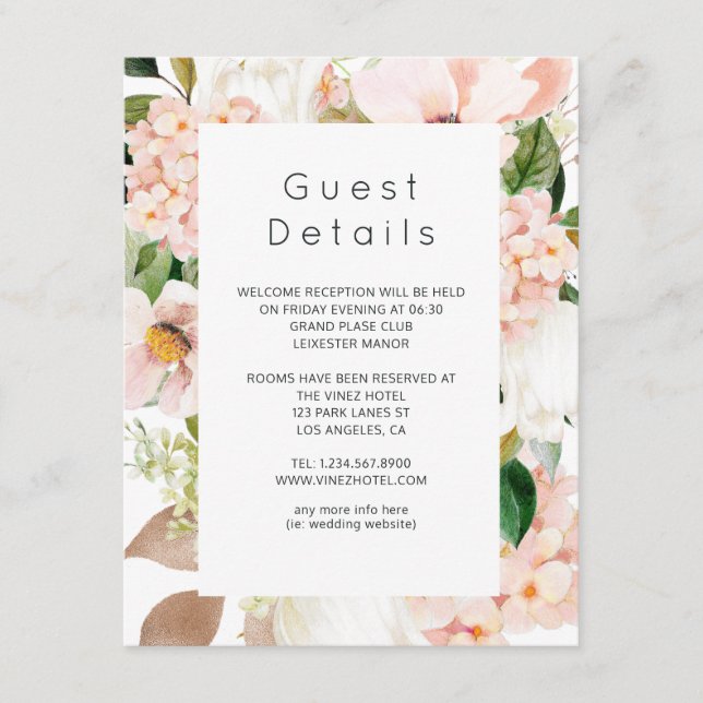 Blush Pink Floral Hydrangea Wedding Guest Details Enclosure Card (Front)