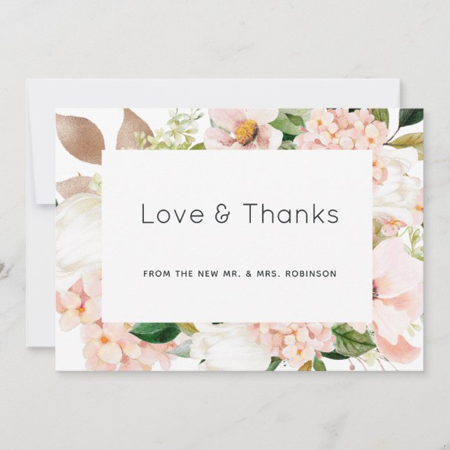 Blush Pink Floral Hydrangea Wedding Photo Thank You Card (Front)