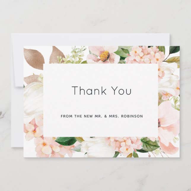 Blush Pink Floral Hydrangea Wedding Thank You Card (Front)