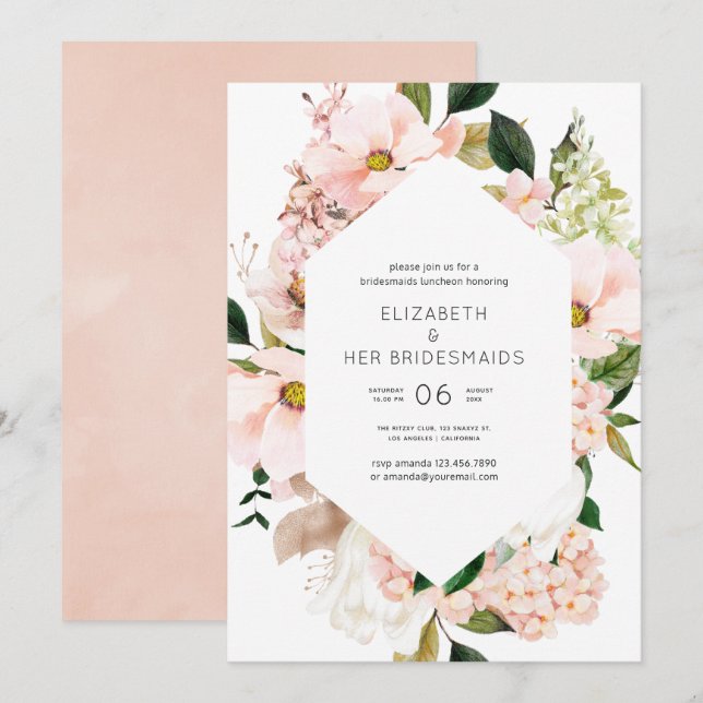 Blush Pink Floral Hydrangeas Bridesmaids Luncheon Invitation (Front/Back)