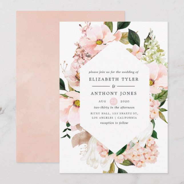 Blush Pink Floral Hydrangeas Spring Wedding Invitation (Front/Back)