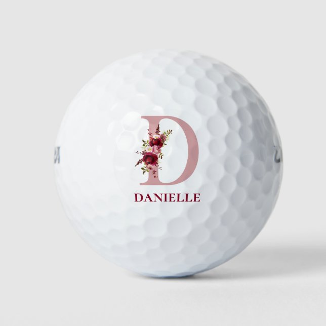 Blush Pink Floral Initial D Monogram Golf Balls (Front)