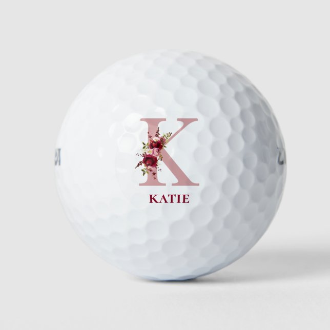 Blush Pink Floral Initial K Monogram Golf Balls (Front)