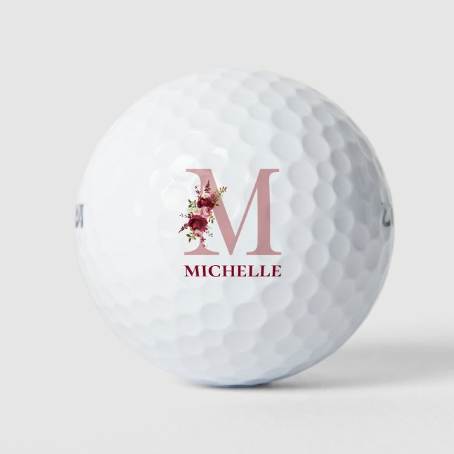 Blush Pink Floral Initial M Monogram Golf Balls (Front)