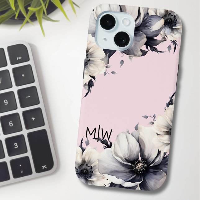 Blush Pink Floral Initial Monogram Case-Mate iPhone Case (Chic Girly Floral Black White Blush Pink Monogram Case-Mate iPhone Case)
