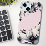 Blush Pink Floral Initial Monogram iPhone 15 Case<br><div class="desc">Cute and simple modern blush pink, black and white flower design. A classic but whimsical look with black, grey and cream coloured flowers with black font and chic modern lettering. Edit all of the text to your own information. You can even change out the background colour to anything you want!...</div>