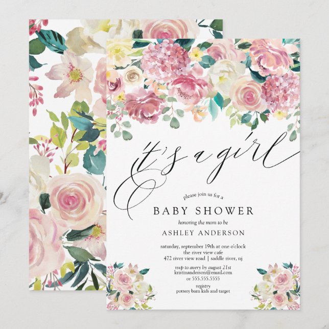 Blush Pink Floral It's a Girl Baby Shower Invitation (Front/Back)