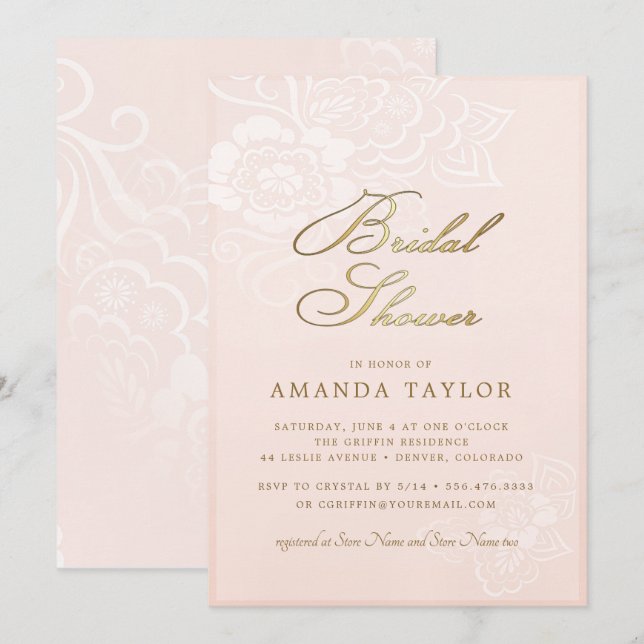 Blush Pink Floral Lace  Bridal Shower Invitation (Front/Back)