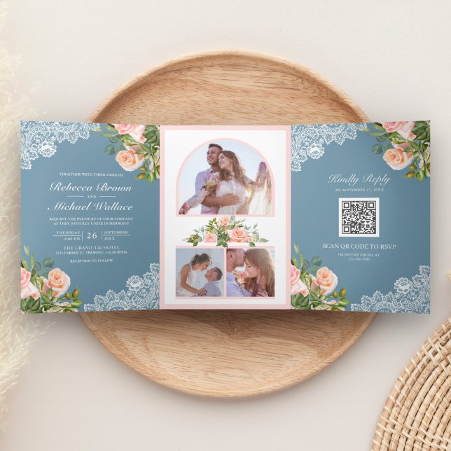 Blush Pink Floral Lace Dusty Blue QR Code Wedding Tri-Fold Invitation (Creator Uploaded)