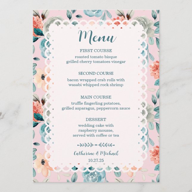 Blush Pink Floral Lace Elegant Wedding Calligraphy Menu (Front)