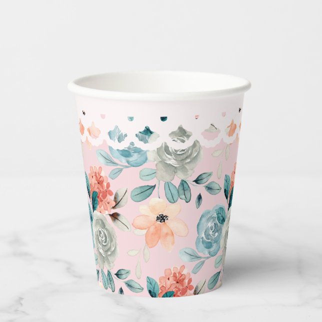 Blush Pink Floral Lace Wedding Calligraphy  Paper Cups (Front)