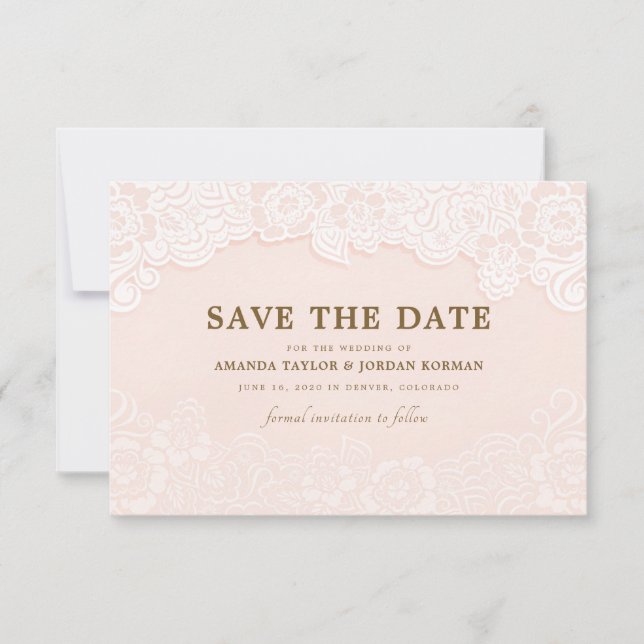 Blush Pink Floral Lace Wedding Save the Date (Front)