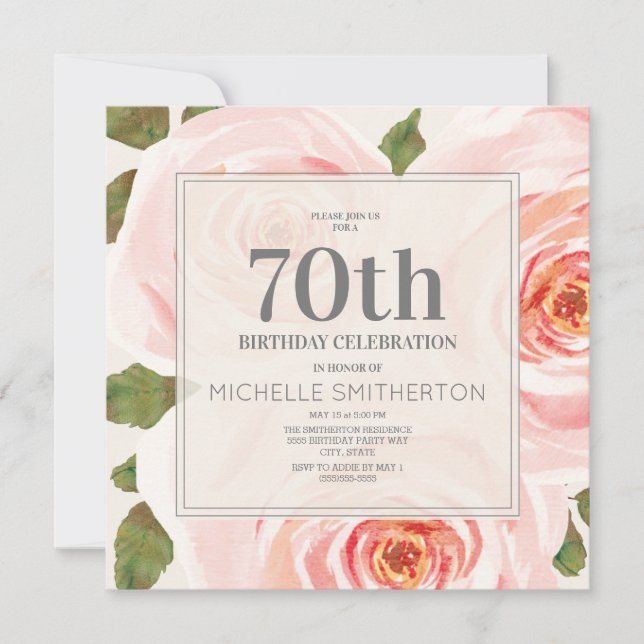 Blush Pink Floral Leaves 70th Birthday Women Invitation (Front)