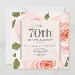 Blush Pink Floral Leaves 70th Birthday Women Invitation