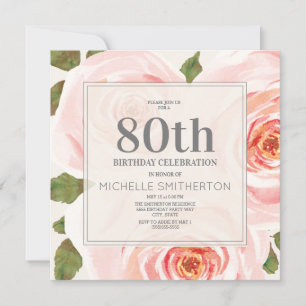 Blush Pink Floral Leaves 80th Birthday Women Invitation