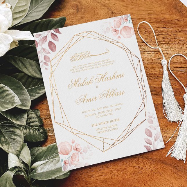 Blush Pink Floral Leaves Gold Muslim Wedding Invitation (Creator Uploaded)