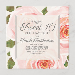 Blush Pink Floral Leaves Sweet 16 Birthday Girls Invitation