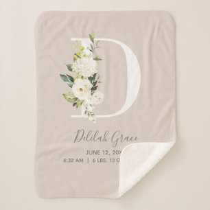 Blush Pink Floral Letter D Baby Script Birth Stats Sherpa Blanket