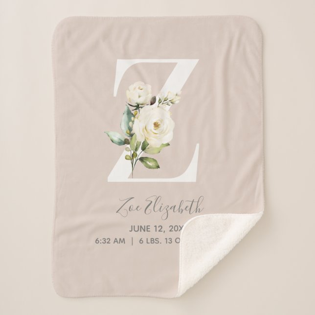 Blush Pink Floral Letter K Baby Script Birth Stats Sherpa Blanket (Front)