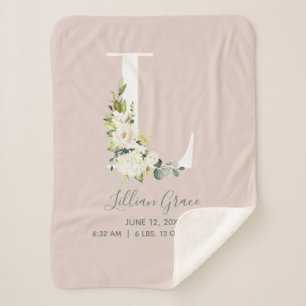 Blush Pink Floral Letter L Baby Script Birth Stats Sherpa Blanket